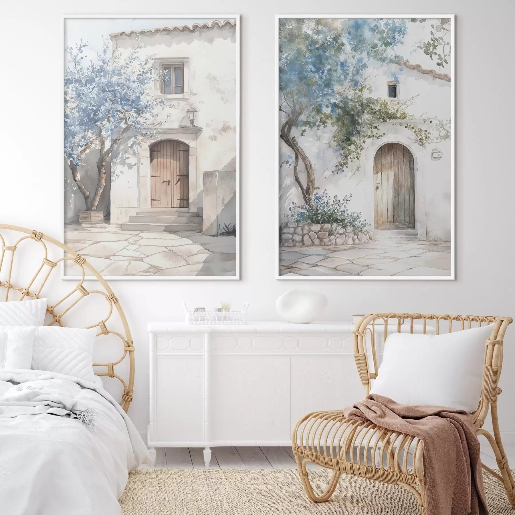 Papier peint Maison grecque blanche avec des arbres en fleurs, méditerranéenne, dessin de style aquarelle d00419