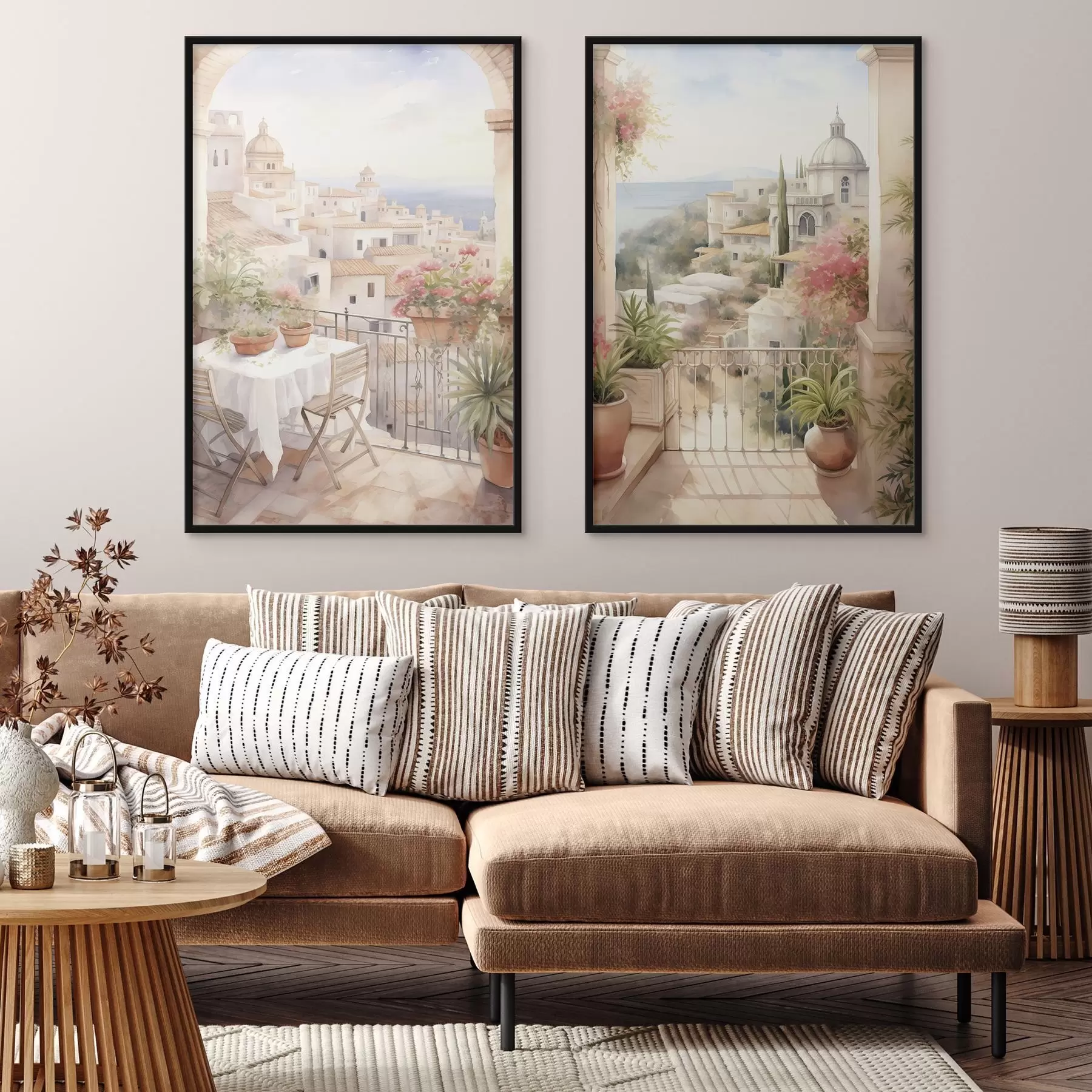 Papier peint Coucher de soleil sur le balcon, architecture, fleurs épanouies, style aquarelle, méditerranéen d00420