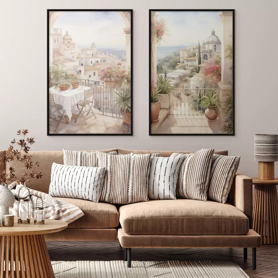 Papier peint Coucher de soleil sur le balcon, architecture, fleurs épanouies, style aquarelle, méditerranéen d00420