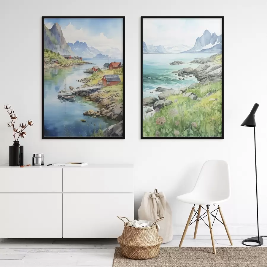 Papier peint Norvège nature, îles Lofoten, paysage d'été, maisons rouges, montagnes, bateaux d00421