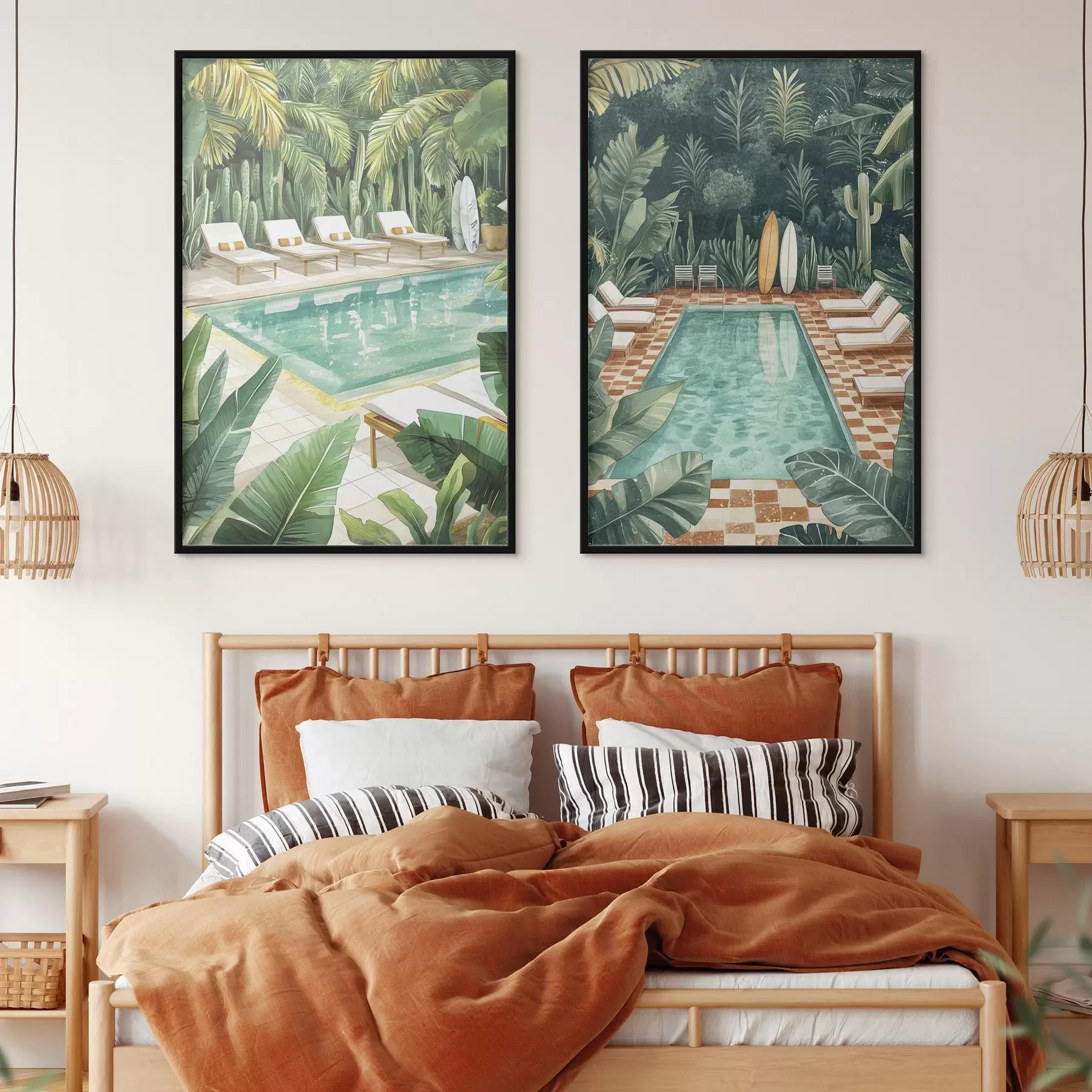 Papier peint Piscine d'été, vintage, forêt tropicale, verdure, palmiers, style aquarelle d00422