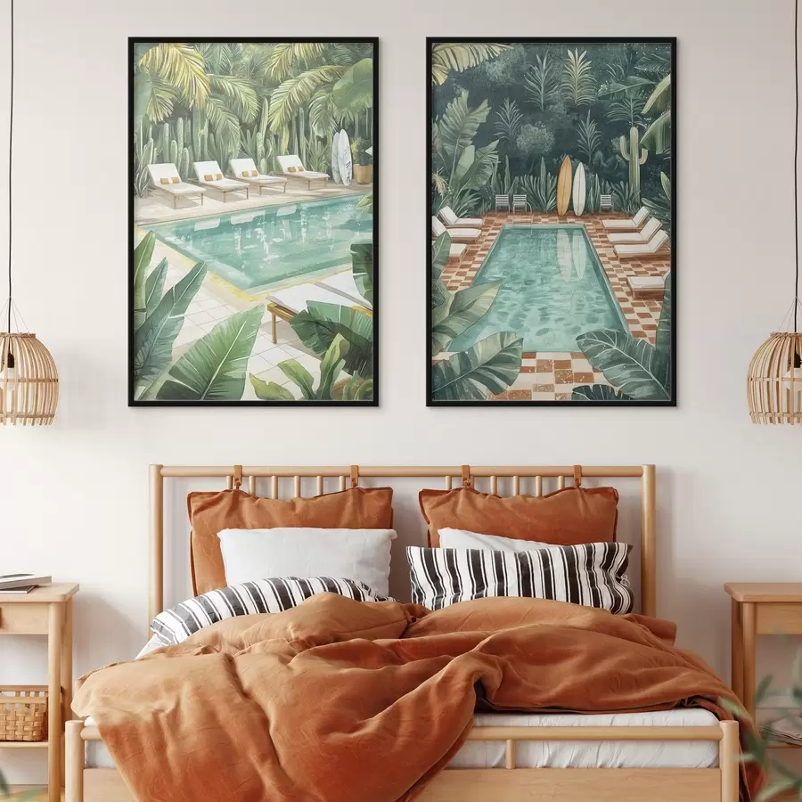 Papier peint Piscine d'été, vintage, forêt tropicale, verdure, palmiers, style aquarelle d00422