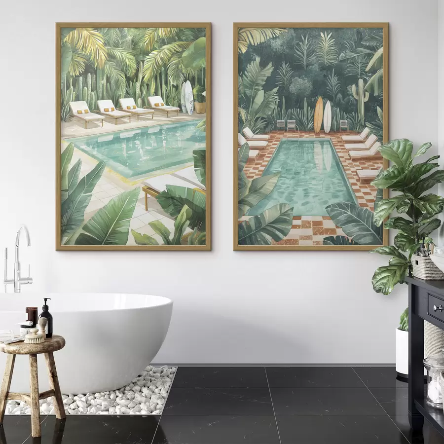 Papier peint Piscine d'été, vintage, forêt tropicale, verdure, palmiers, style aquarelle d00422