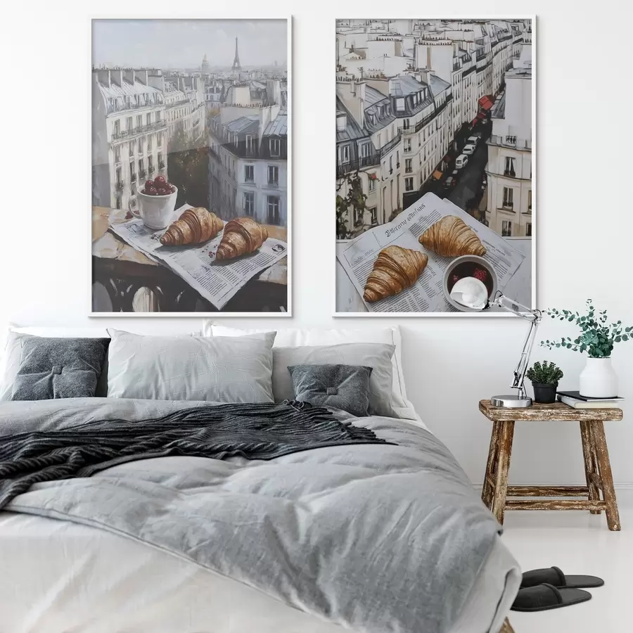 Papier peint Vue de la ville sur un balcon à Paris, tour Eiffel, fraises, café, journal d00445