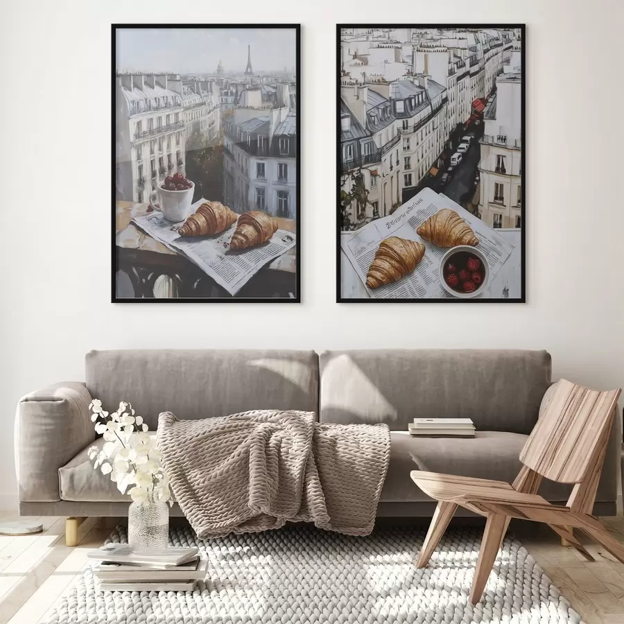 Papier peint Vue de la ville sur un balcon à Paris, tour Eiffel, fraises, café, journal d00445