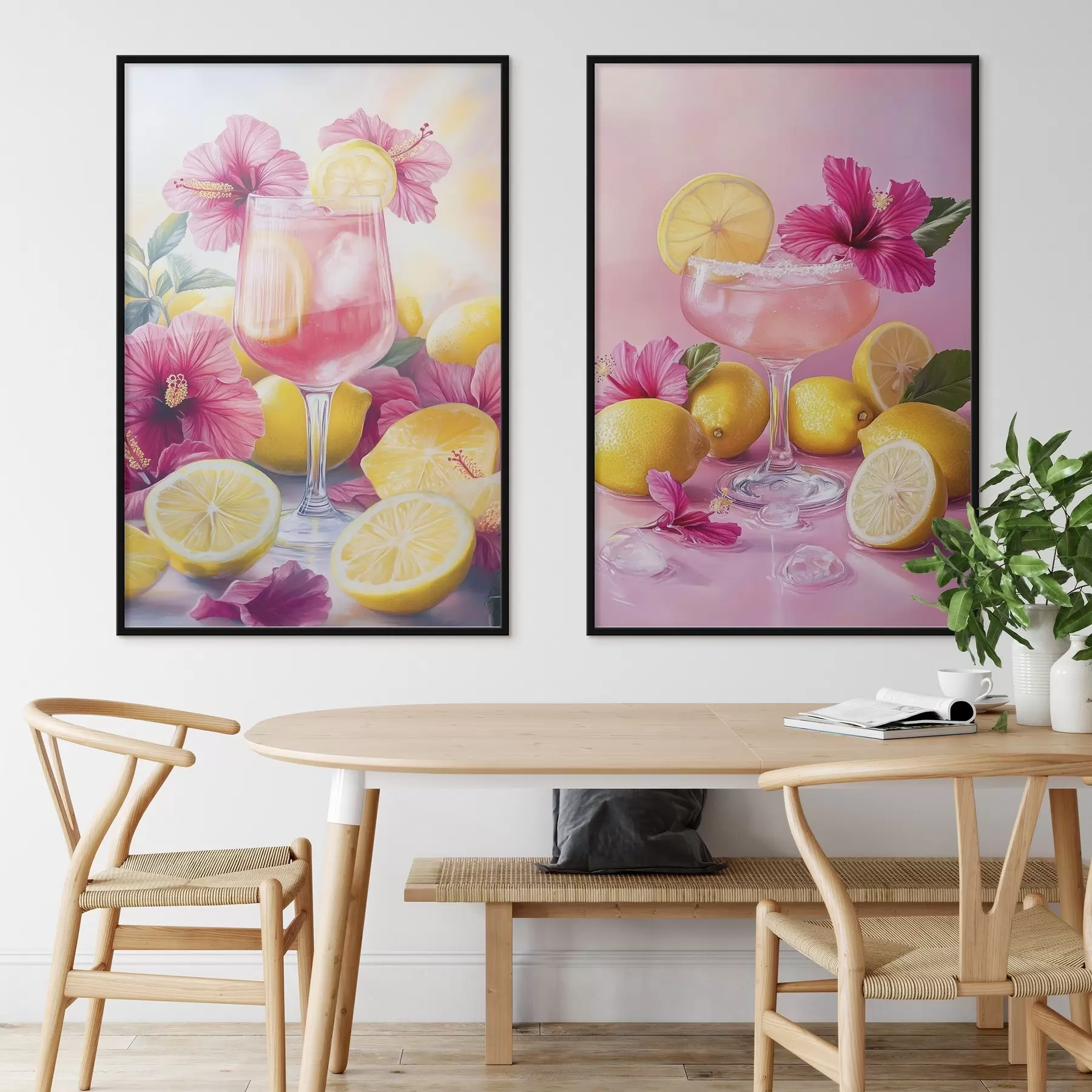 Papier peint Cocktails avec des fleurs d'hibiscus et des citrons, été, juteux, style aquarelle d00446