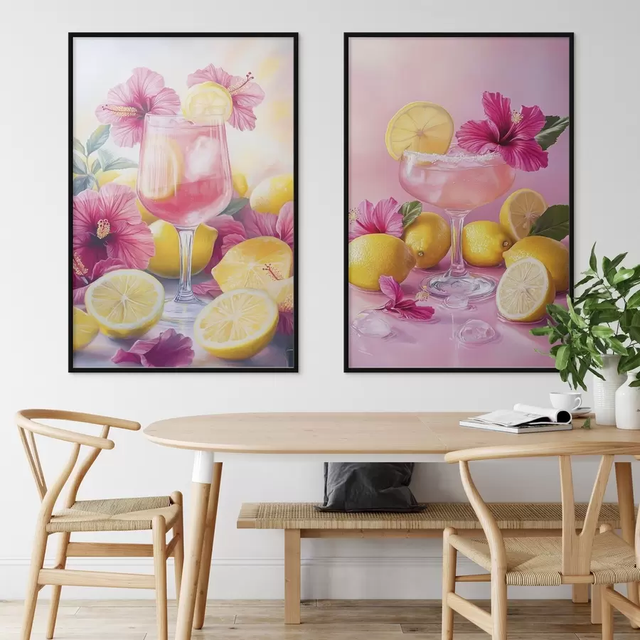 Papier peint Cocktails avec des fleurs d'hibiscus et des citrons, été, juteux, style aquarelle d00446