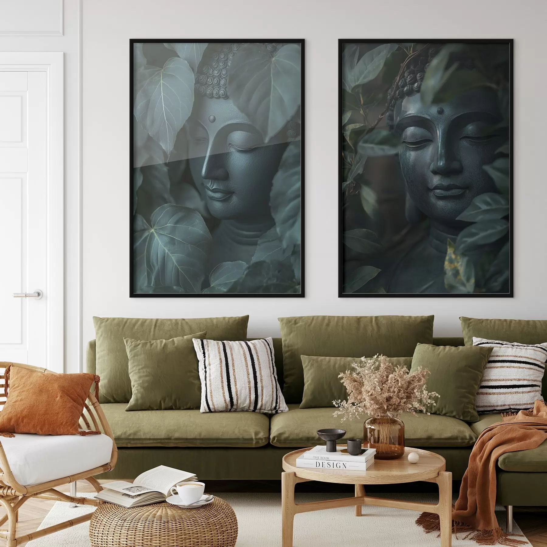 Papier peint Bouddha méditatif dans les feuilles vertes, bouddhisme, tropical, réalisme d00447