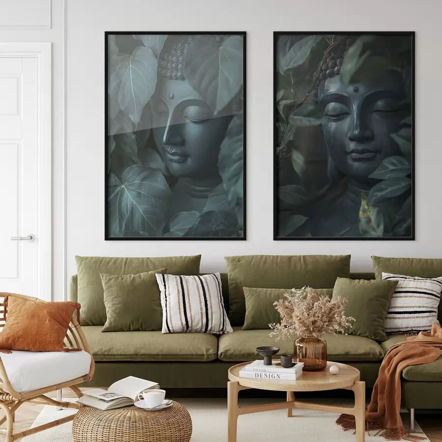 Papier peint Bouddha méditatif dans les feuilles vertes, bouddhisme, tropical, réalisme d00447