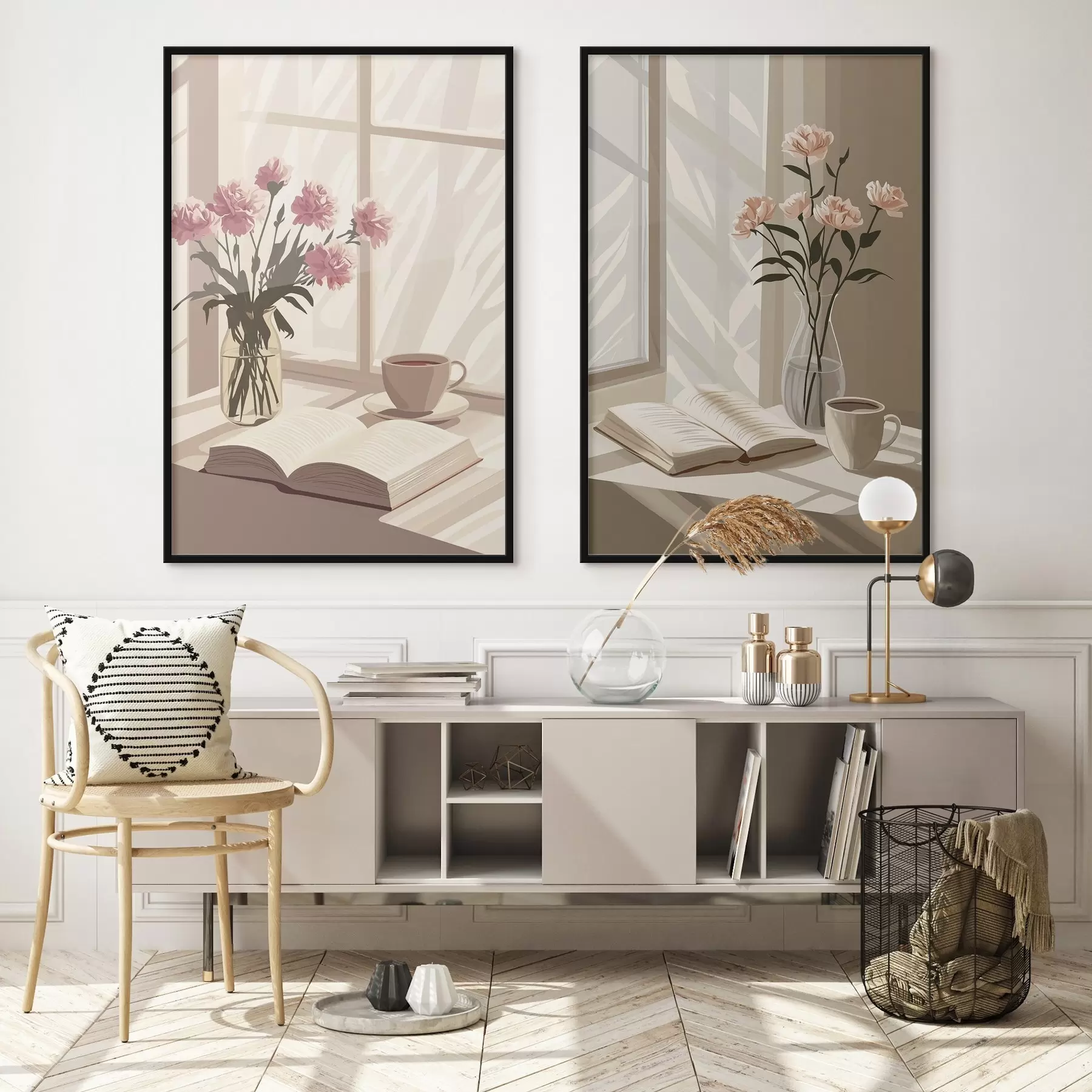 Papier peint Abstraction, esthétique matinale, tasse de café, livre, fleurs d00448