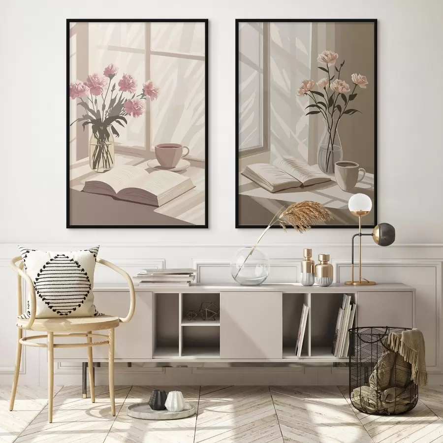 Papier peint Abstraction, esthétique matinale, tasse de café, livre, fleurs d00448