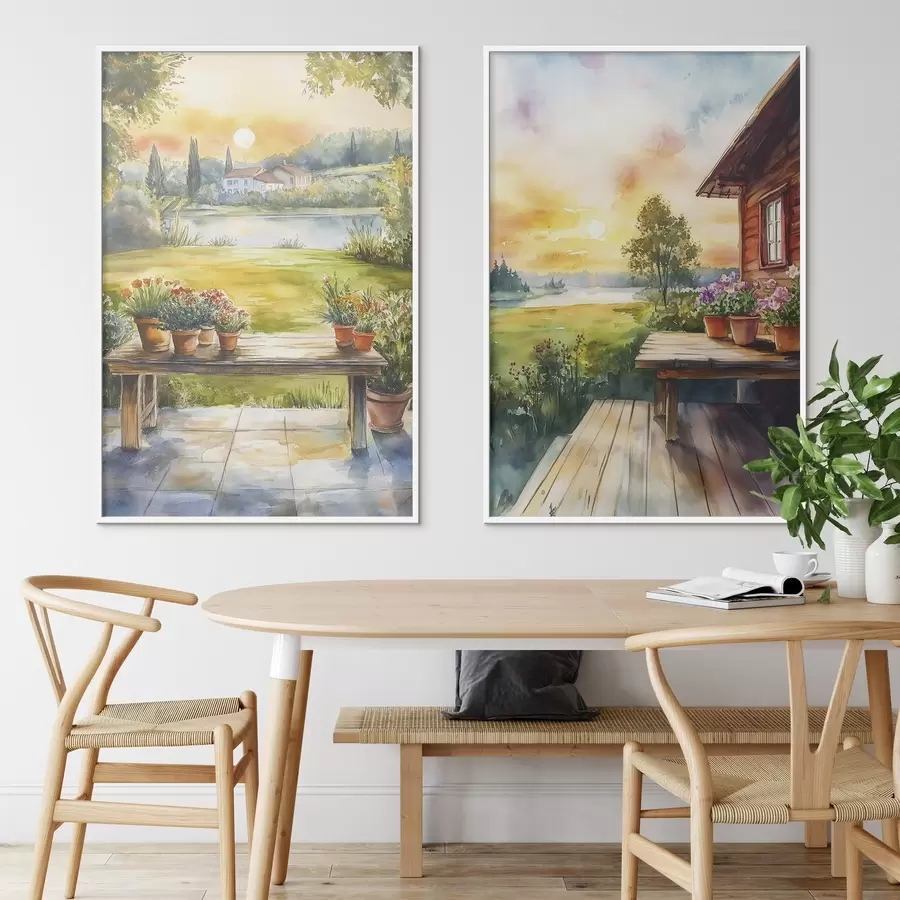 Papier peint Village d'été, coucher de soleil, rustique, fleurs, lac, style aquarelle d00449