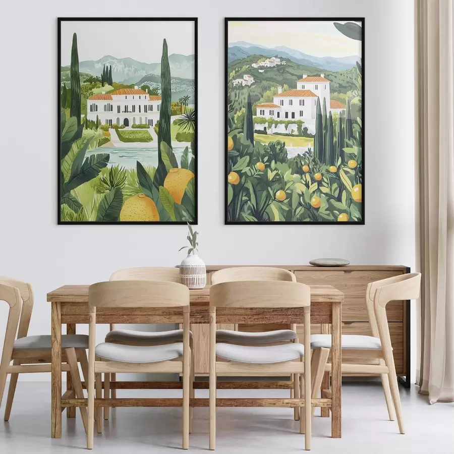 Papier peint Paysages méditerranéens avec arbres et maisons, côte maritime, Espagne d00450