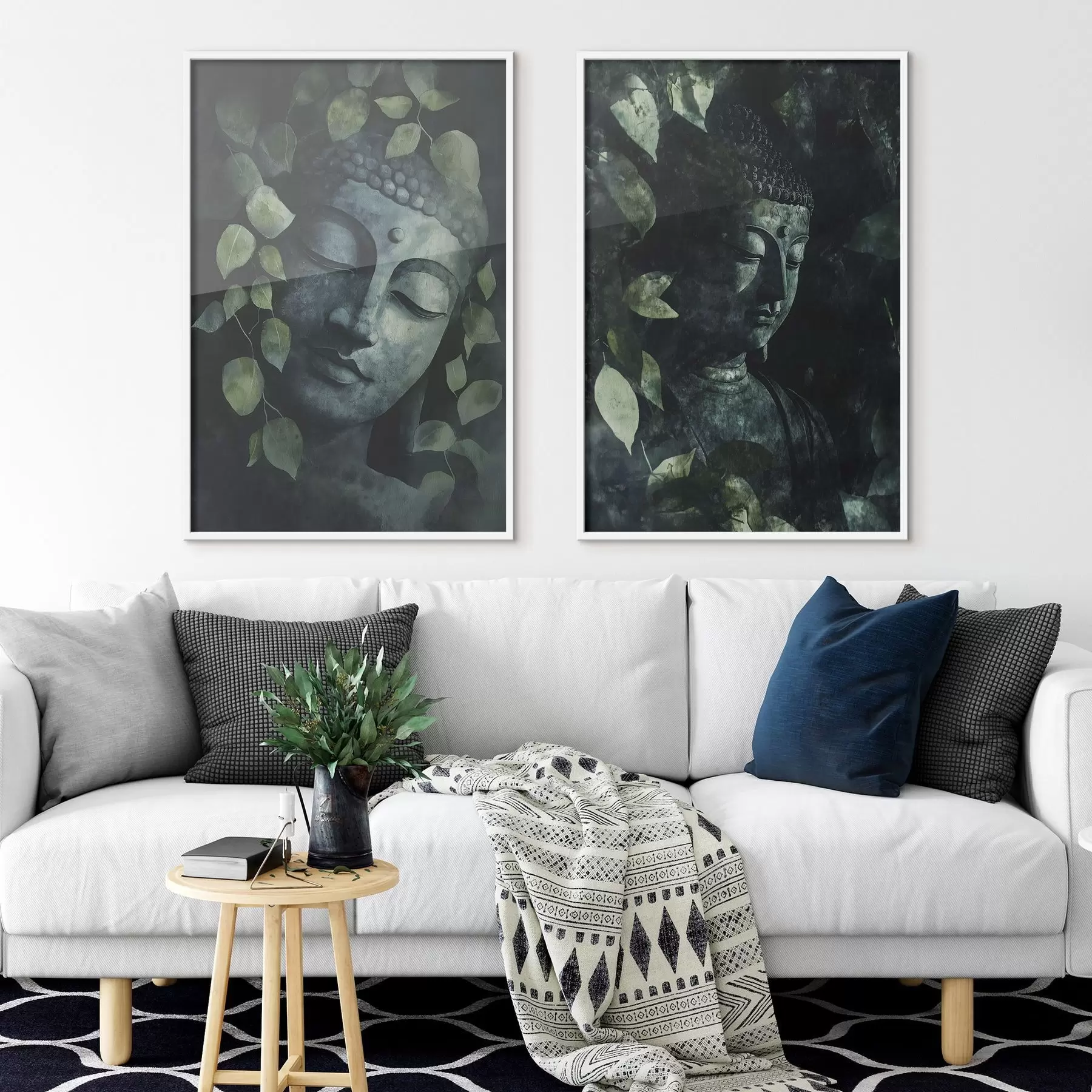 Papier peint Bouddha vert dans des feuilles tropicales, style aquarelle d00451