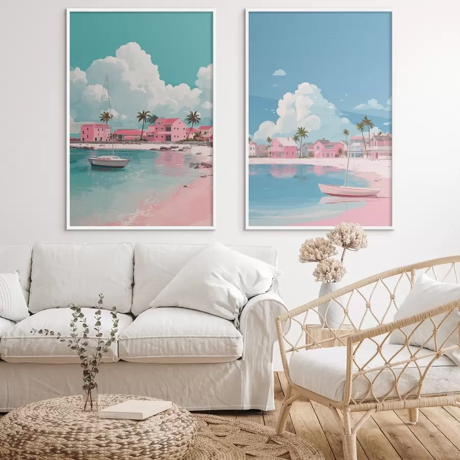 Papier peint Plage d'été rose avec soleil, voilier et maisons d00479
