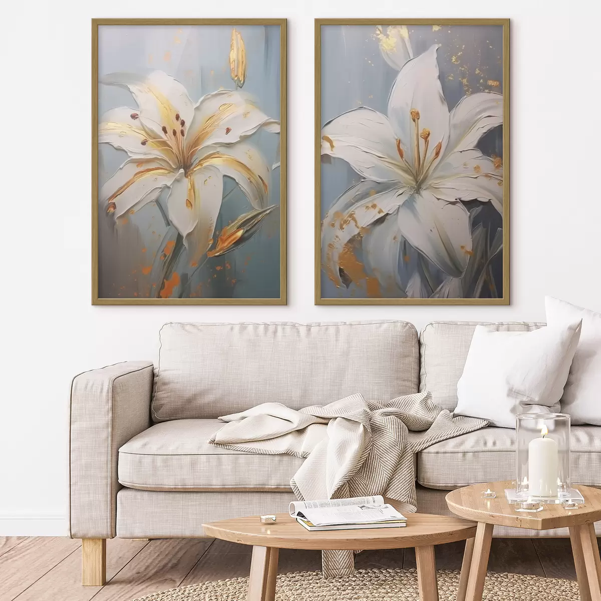 Poster Lys blancs avec des traits jaunes sur fond bleu d00497