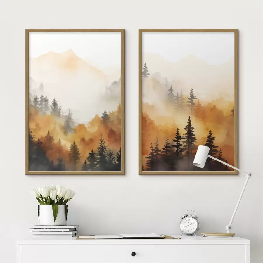 Papier peint Peinture aquarelle d'un paysage imitant une forêt avec de grands pins et des montagnes en arrière-plan d00519