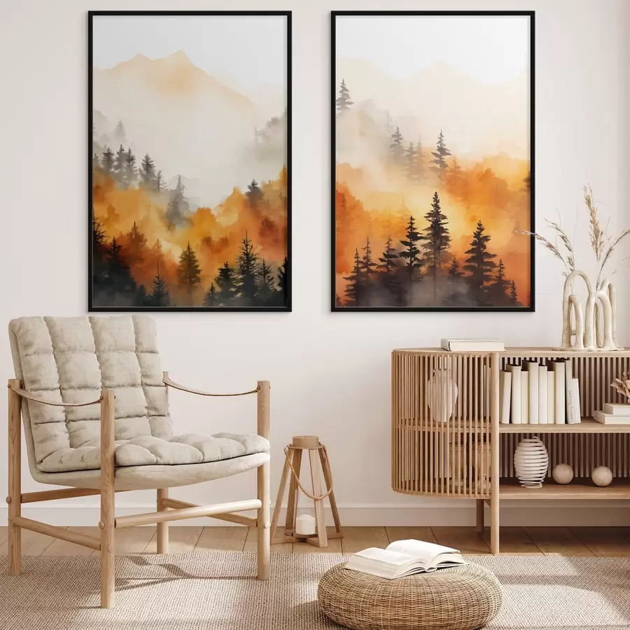 Papier peint Peinture aquarelle d'un paysage imitant une forêt avec de grands pins et des montagnes en arrière-plan d00519
