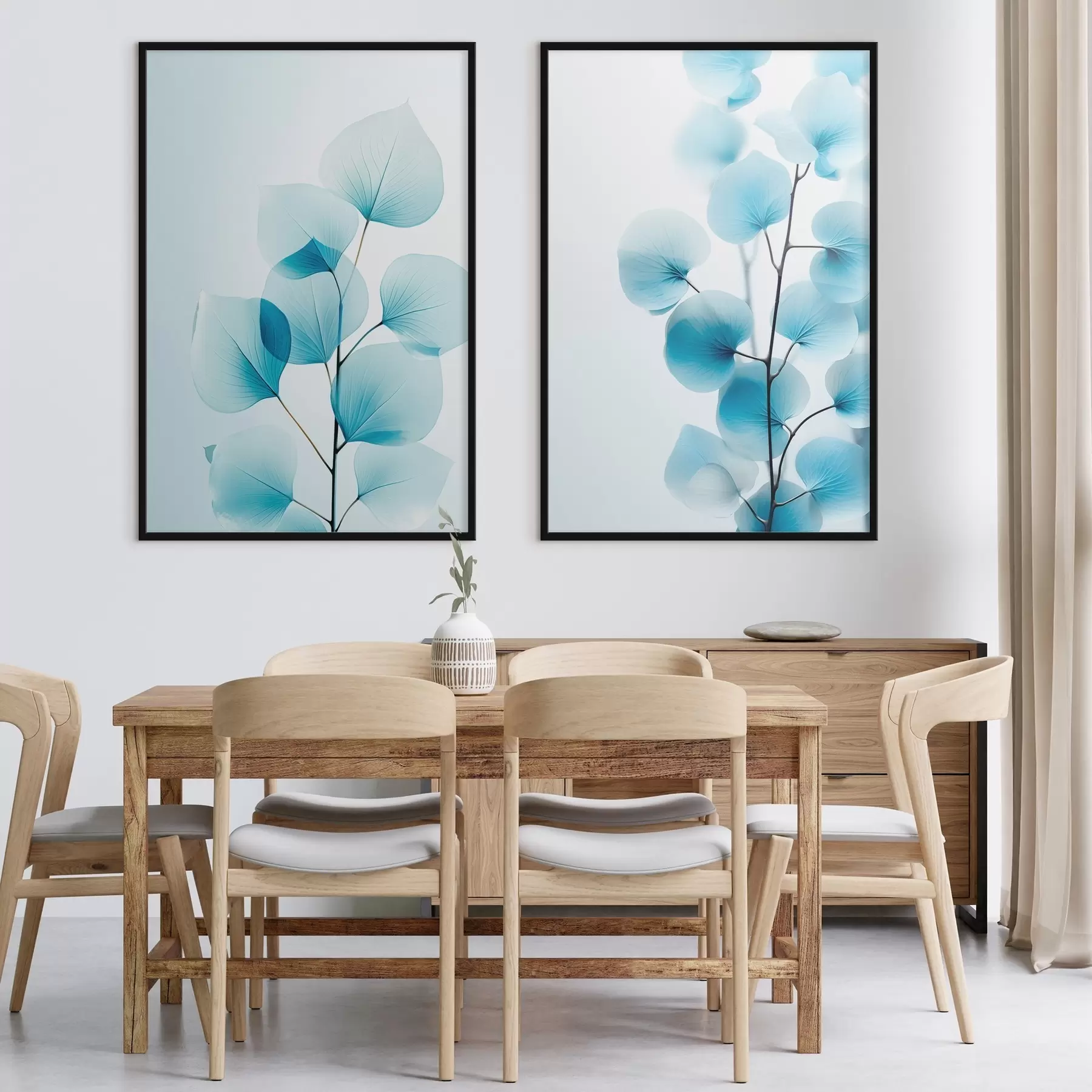 Papier peint Branche avec des feuilles bleues translucides, veines délicates visibles, composition légère et calme, esthétique minimaliste d00522