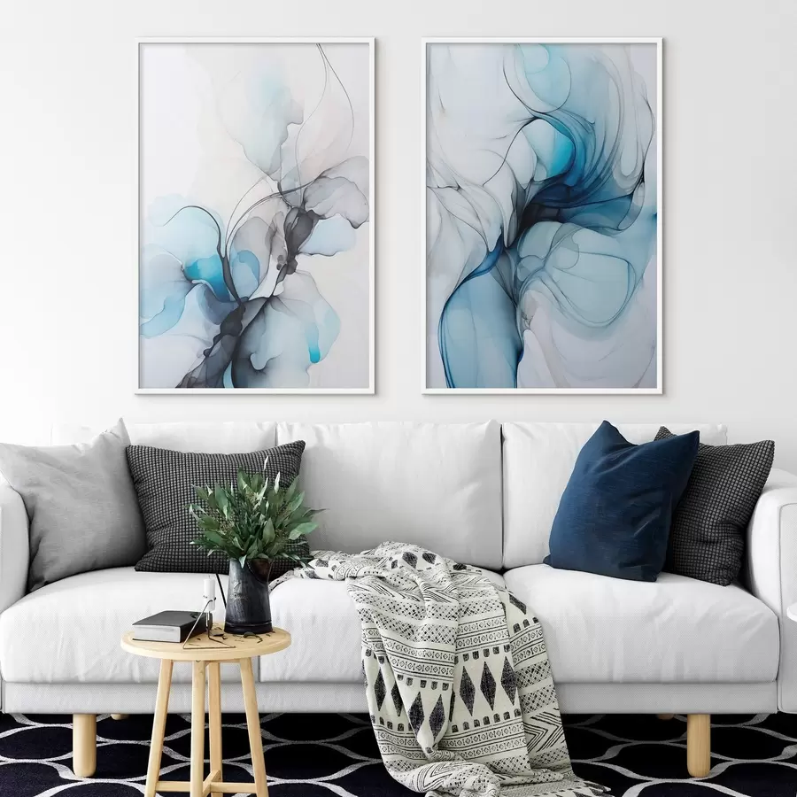 Papier peint Composition abstraite avec des lignes fluides et des pétales translucides dans les tons bleu blanc et beige, imitation encre à l'alcool d00523