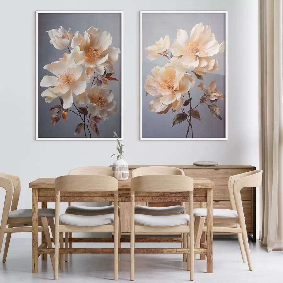 Papier peint Fleurs texturées avec pistils orange et feuilles orange sur fond gris, lumière douce, élégant, détaillé, réaliste d00525