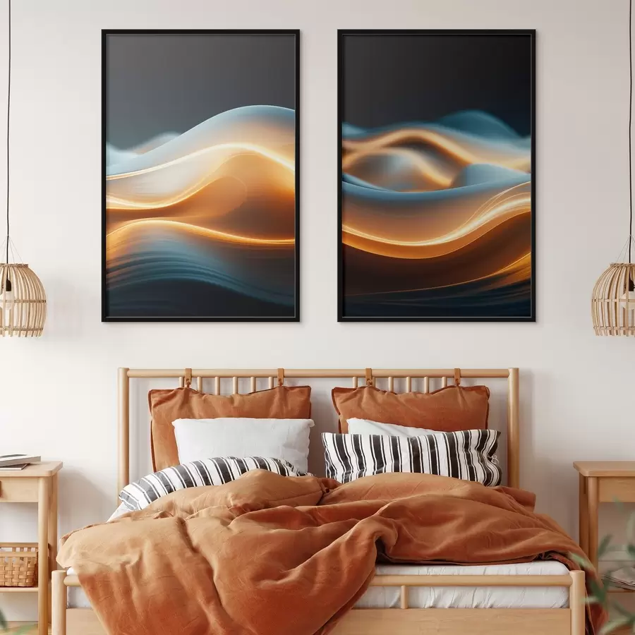 Papier peint Formes abstraites et fluides avec des lignes orange, courbes et lignes douces, composition dynamique, fond sombre d00526