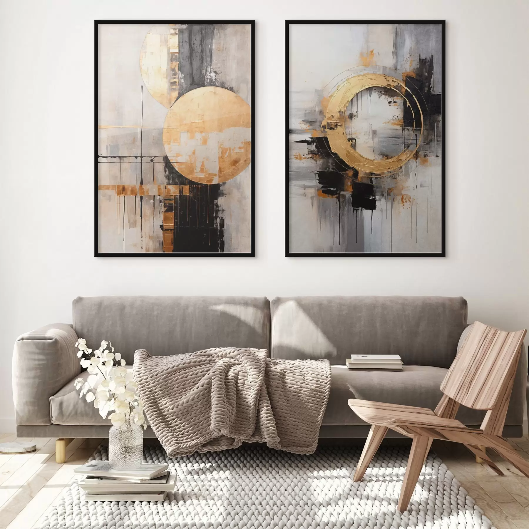 Papier peint Peinture abstraite avec des cercles, des lignes noires et jaunes, et un arrière-plan dans les tons gris et blancs d00527