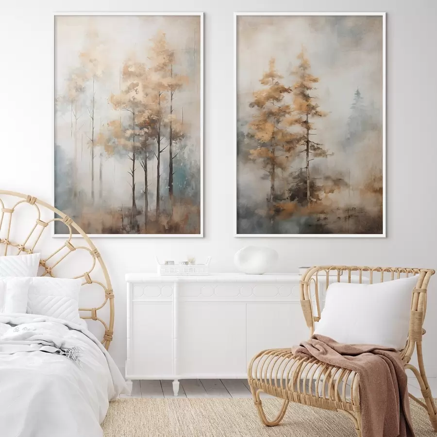 Papier peint Grands arbres texturés avec des feuilles jaunes dans une forêt, l'arrière-plan est un mélange de tons bleus et bruns doux d00528