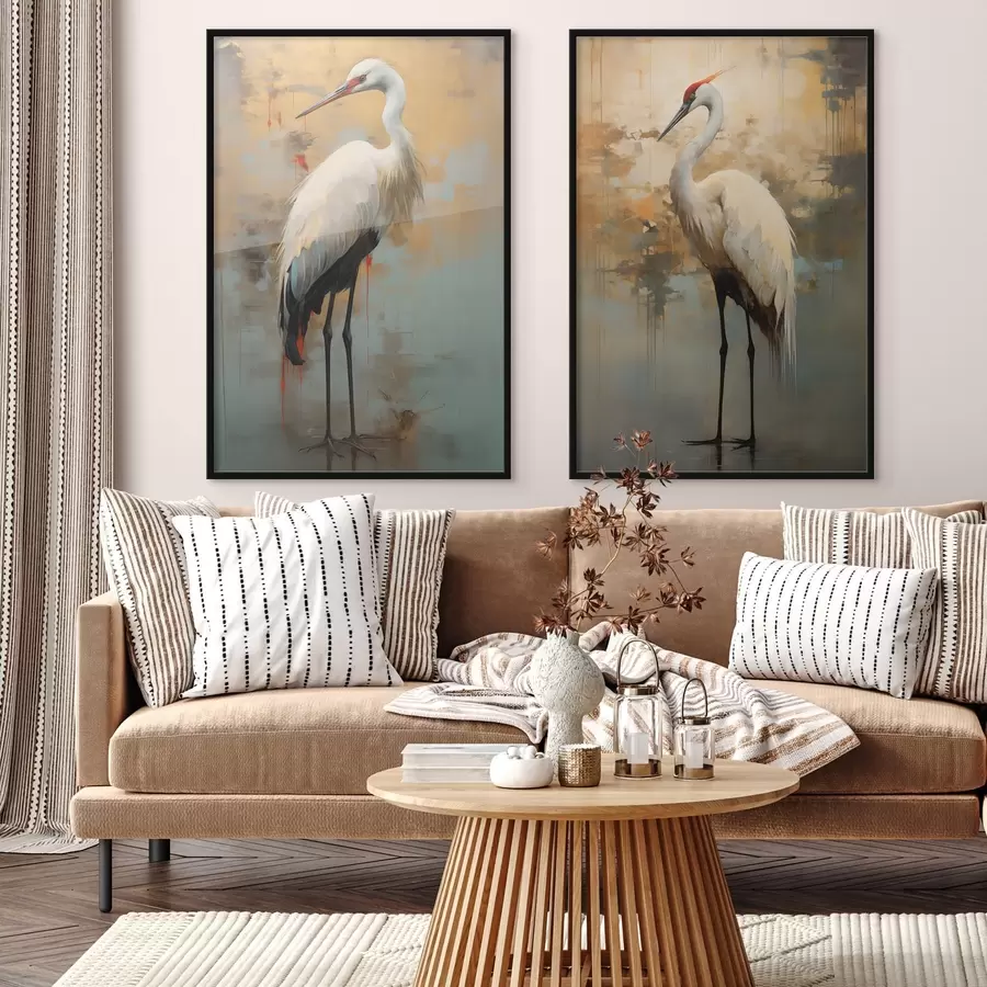 Papier peint Héron blanc sur fond de teintes jaunes, brunes et bleues atténuées suggérant un paysage brumeux et abstrait d00530