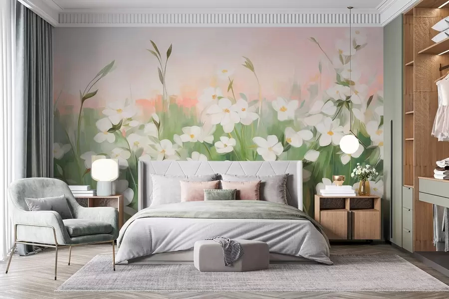 Papier peint Champ abstrait de fleurs sauvages aux tiges et feuilles vertes, sur fond de ciel texturé rose pâle et blanc. w09297