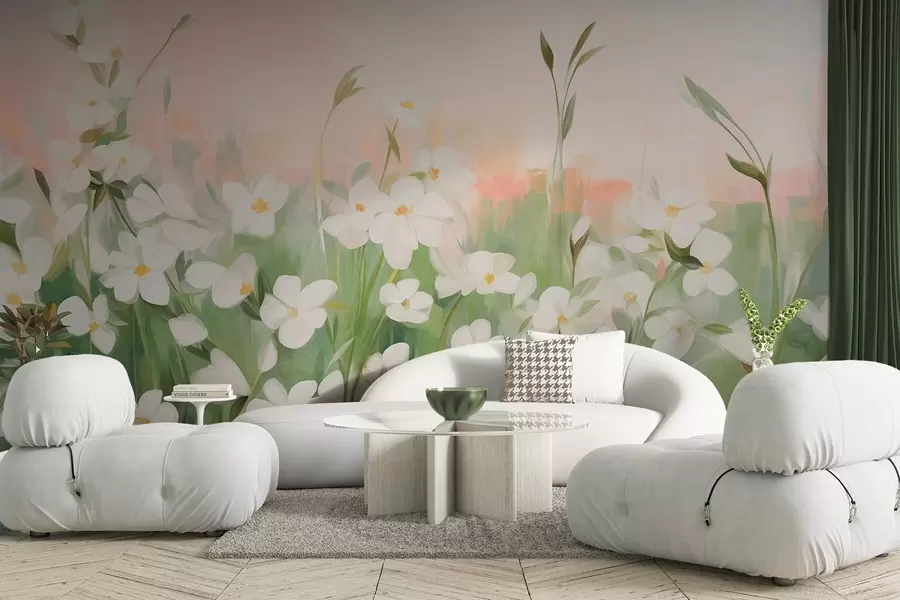 Papier peint Champ abstrait de fleurs sauvages aux tiges et feuilles vertes, sur fond de ciel texturé rose pâle et blanc. w09297