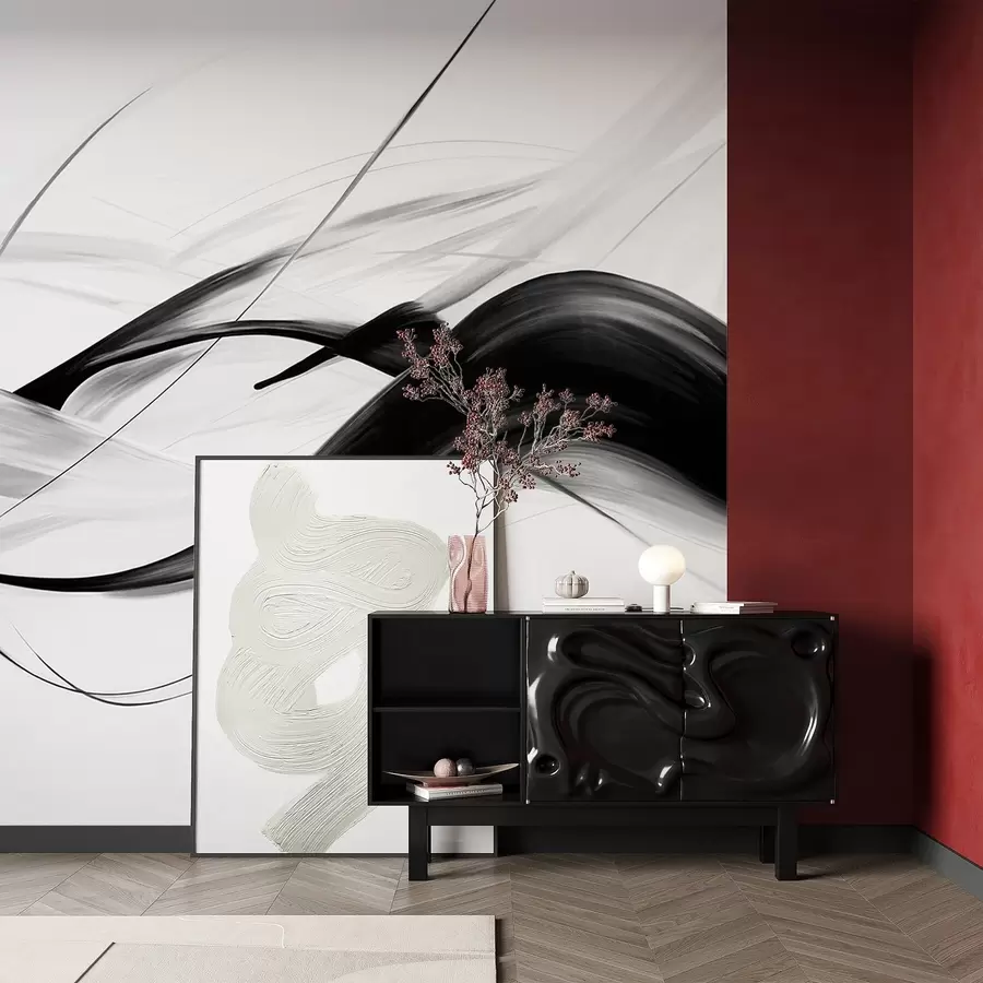 Papier peint Des traits abstraits en noir et blanc avec des lignes fines créent un design moderne sur fond clair. w09605