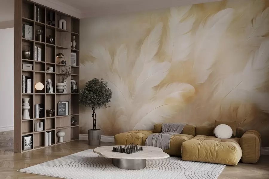 Papier peint Plumes blanches et jaunes à la texture douce w09606