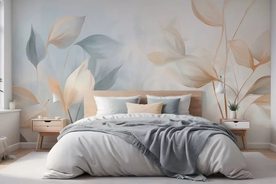 Papier peint Feuilles douces, délicates et translucides dans des tons discrets de beige, pêche et bleu pâle, art pastel texturé. w09607