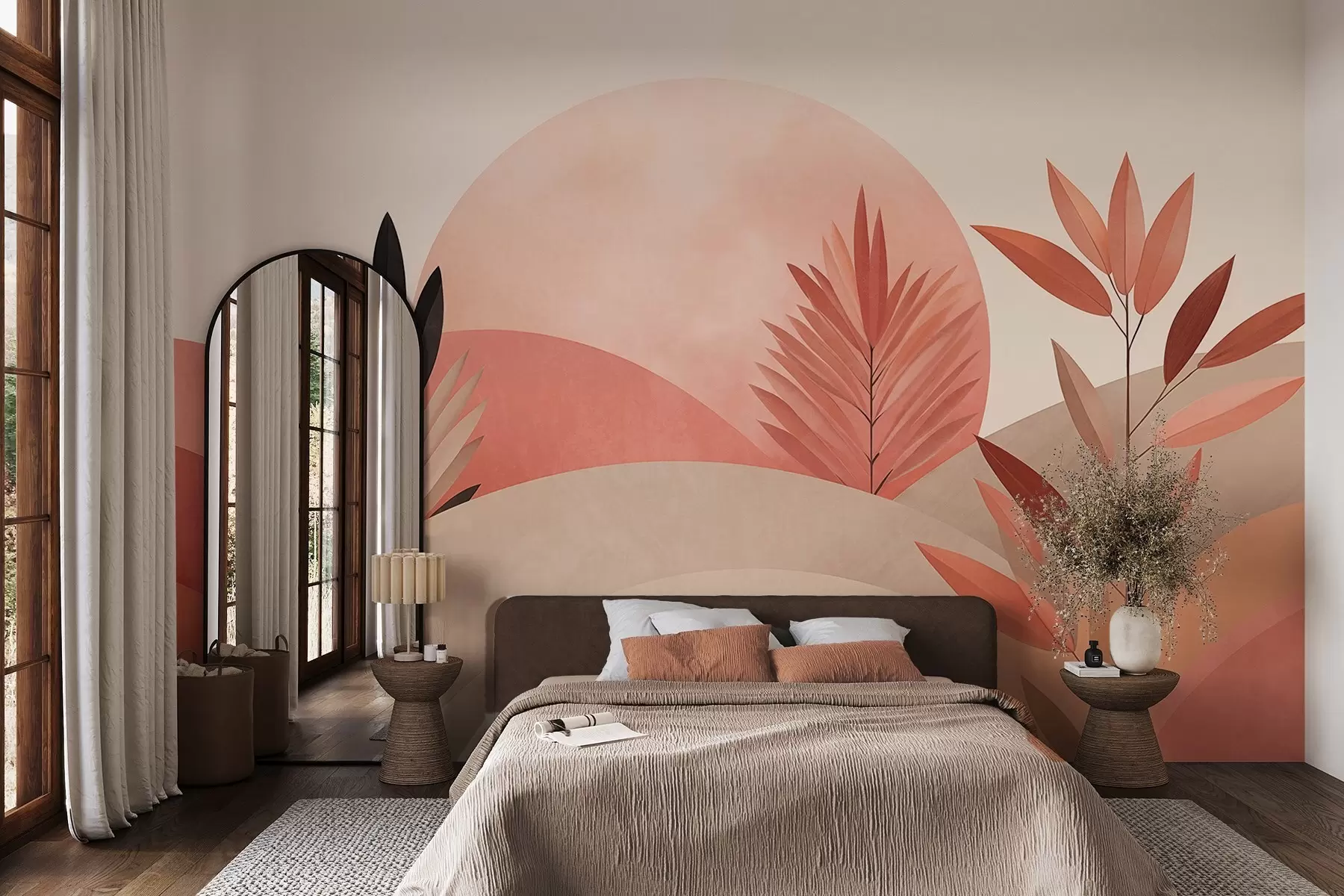 Papier peint Paysage bohème abstrait, soleil derrière des collines vallonnées, plantes au premier plan, minimaliste, texturé, couleurs douces w09608