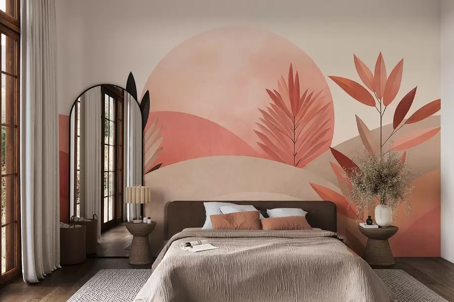 Papier peint Paysage bohème abstrait, soleil derrière des collines vallonnées, plantes au premier plan, minimaliste, texturé, couleurs douces w09608