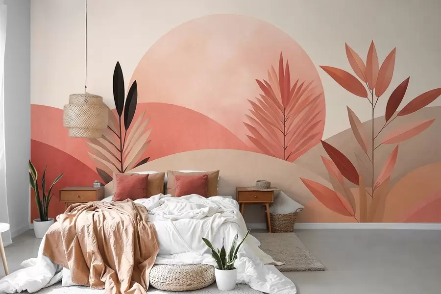 Papier peint Paysage bohème abstrait, soleil derrière des collines vallonnées, plantes au premier plan, minimaliste, texturé, couleurs douces w09608