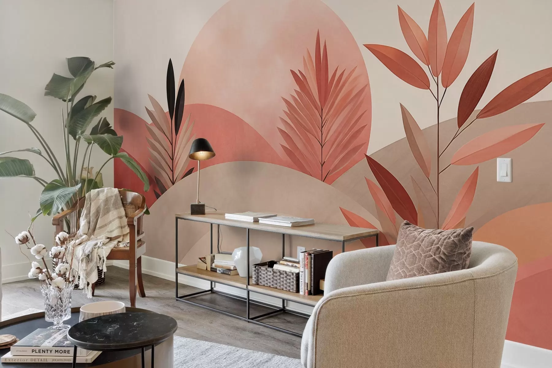 Papier peint Paysage bohème abstrait, soleil derrière des collines vallonnées, plantes au premier plan, minimaliste, texturé, couleurs douces w09608