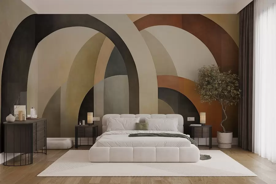 Papier peint Arcs géométriques abstraits texturés dans des tons terreux de beige, marron et gris, un design architectural moderne en couches. w09611