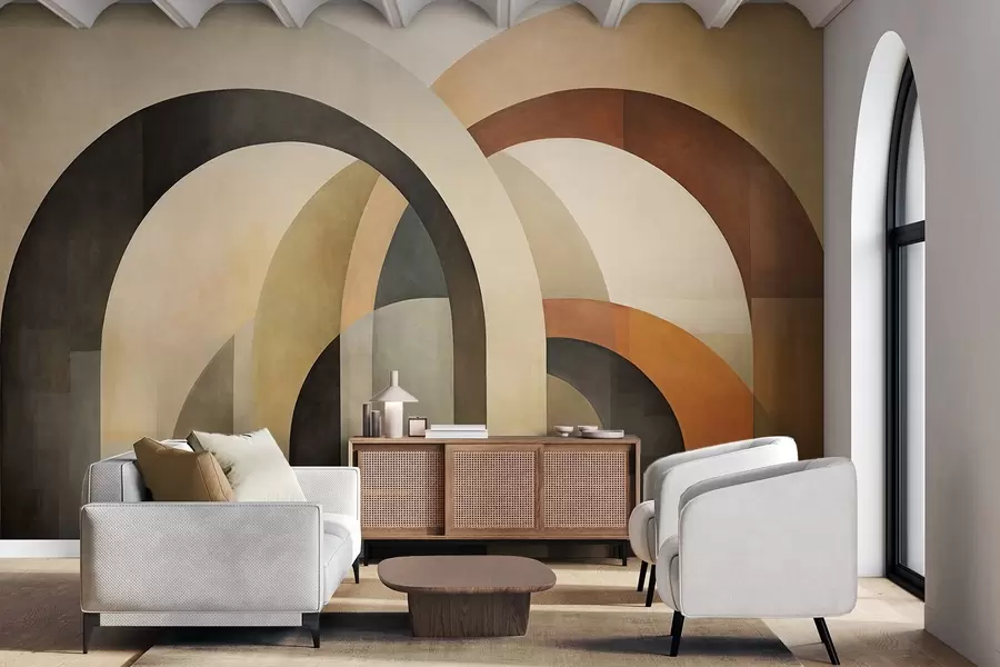 Papier peint Arcs géométriques abstraits texturés dans des tons terreux de beige, marron et gris, un design architectural moderne en couches. w09611