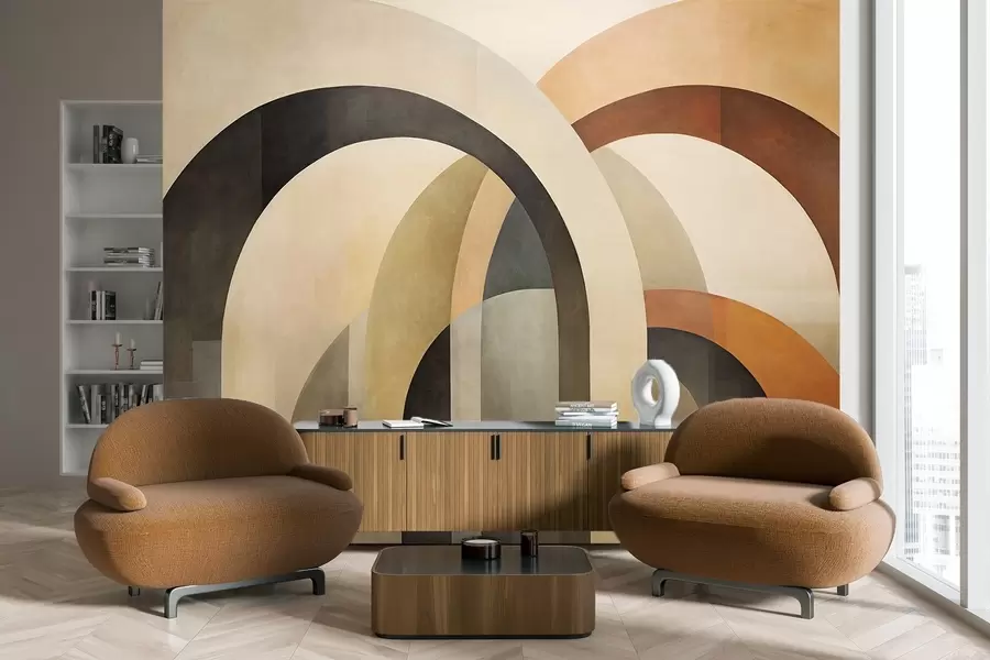 Papier peint Arcs géométriques abstraits texturés dans des tons terreux de beige, marron et gris, un design architectural moderne en couches. w09611