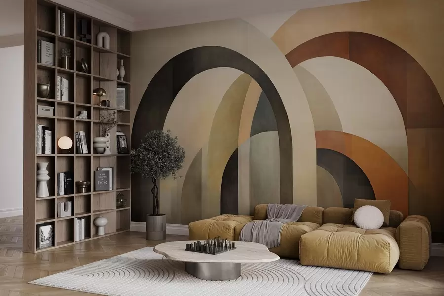 Papier peint Arcs géométriques abstraits texturés dans des tons terreux de beige, marron et gris, un design architectural moderne en couches. w09611
