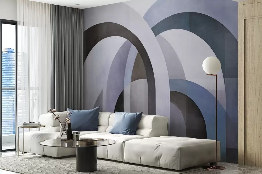 Papier peint Arcs géométriques abstraits texturés dans des tons de bleu, noir et gris, un design architectural moderne en couches. w09611v1