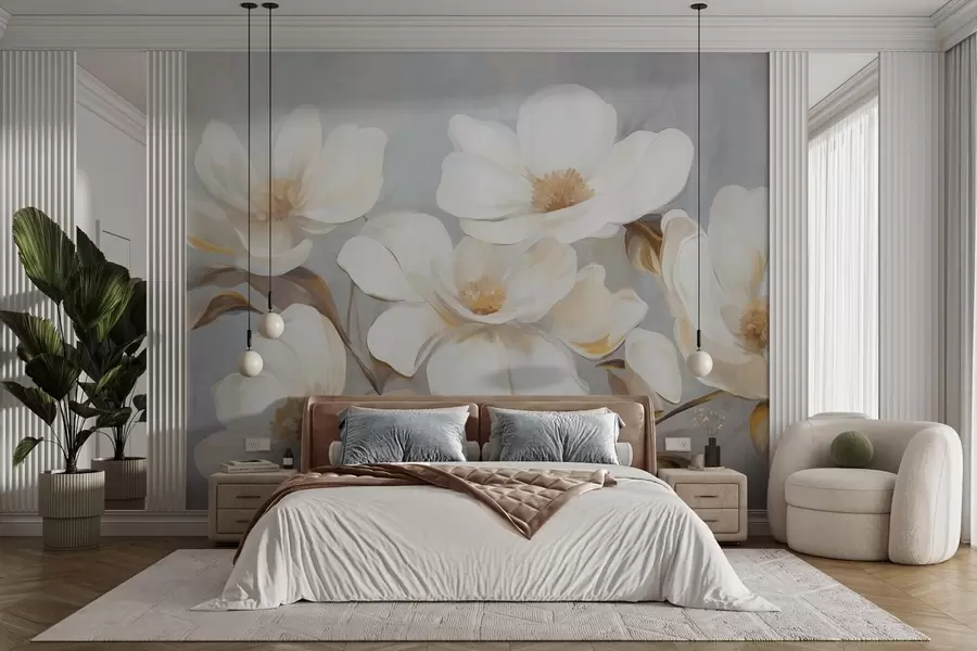 Papier peint Une imitation picturale texturée de plusieurs fleurs de magnolia blanches sur un fond pastel discret. w09612