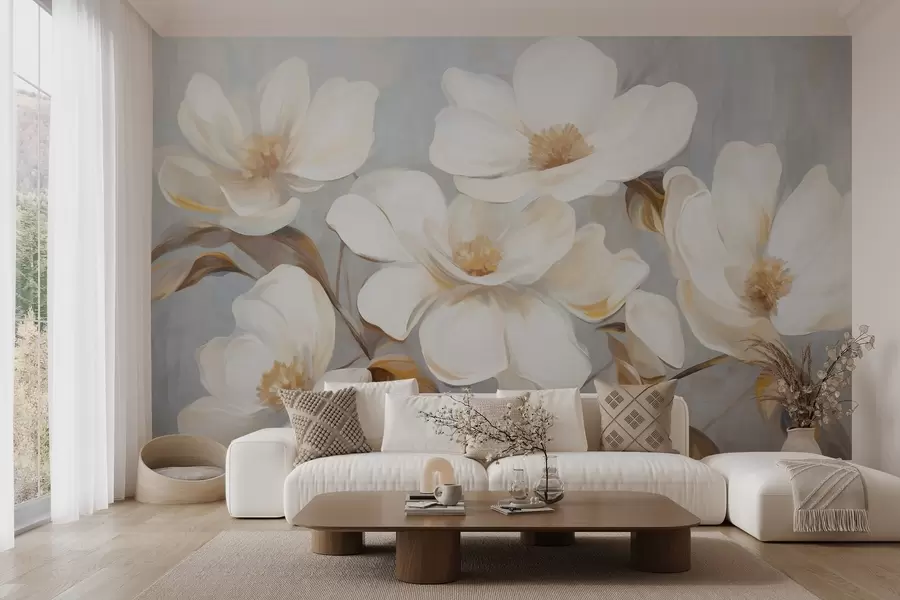 Papier peint Une imitation picturale texturée de plusieurs fleurs de magnolia blanches sur un fond pastel discret. w09612