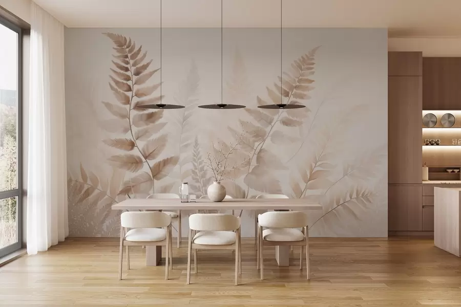 Papier peint Fronde de fougère séchée texturée dans différentes nuances de brun, avec un fond doux et clair dans un style aquarelle. w09615