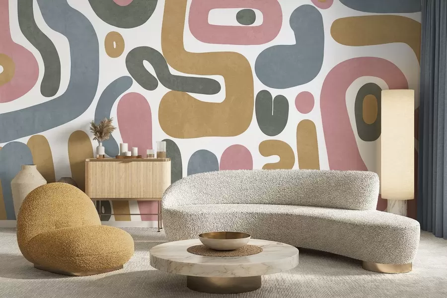 Papier peint Formes abstraites texturées dans des tons rose pastel, bleu pâle, jaune moutarde et gris sur fond blanc, art moderne. w09620