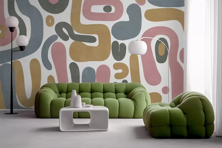 Papier peint Formes abstraites texturées dans des tons rose pastel, bleu pâle, jaune moutarde et gris sur fond blanc, art moderne. w09620