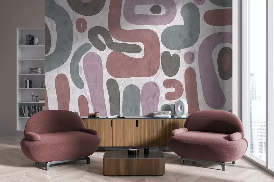 Papier peint Formes abstraites texturées dans des tons roses, verts et gris discrets, sur un fond texturé d'art moderne w09622