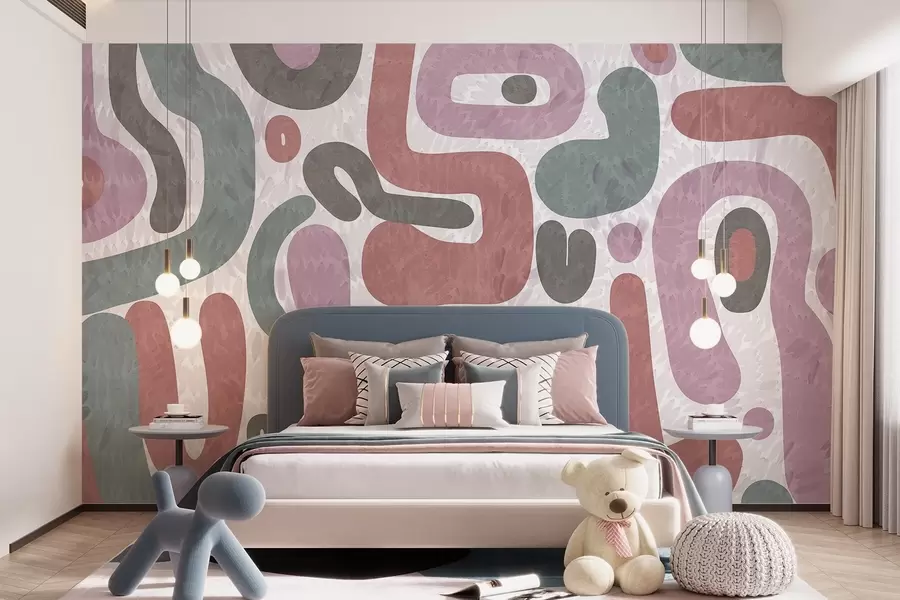 Papier peint Formes abstraites texturées dans des tons roses, verts et gris discrets, sur un fond texturé d'art moderne w09622